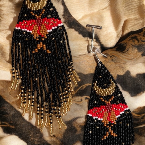 Bold Black Gold Silver Red Handmade Boho Witchy Beaded Earrings w/beaded fringe - Picture 9 of 16
